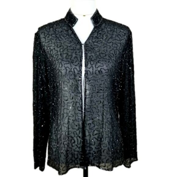 J Kara Black Beaded Sparkle Jacket M Semi Sheer Cocktail Glam Elegant Event - Picture 1 of 11